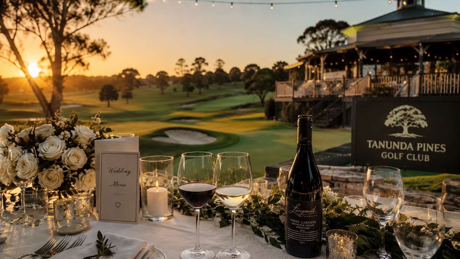 A wedding table set for dinner at golden hour, with the Tanunda Pines Golf Club sign and fairway behind.